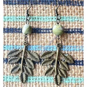 Artisan Brass Large Leaf with Green Swirl Clay Bead Dangle Earrings 2.75" Long